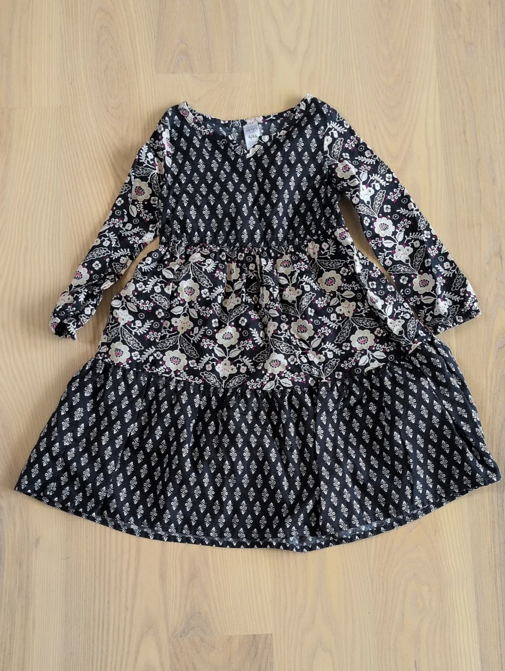 Carter's Black Floral & Cream Tiered Long-Sleeve Dress